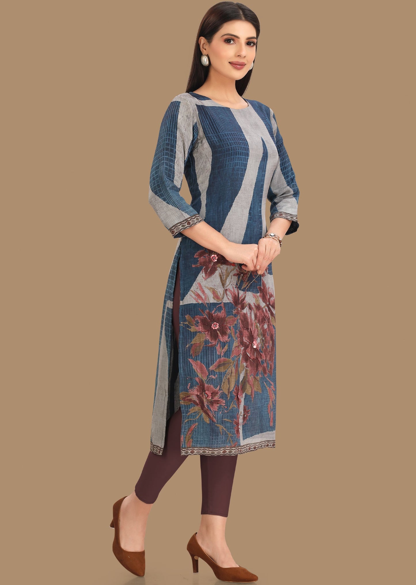 Blue & Grey Crepe Kurti Straight Cut