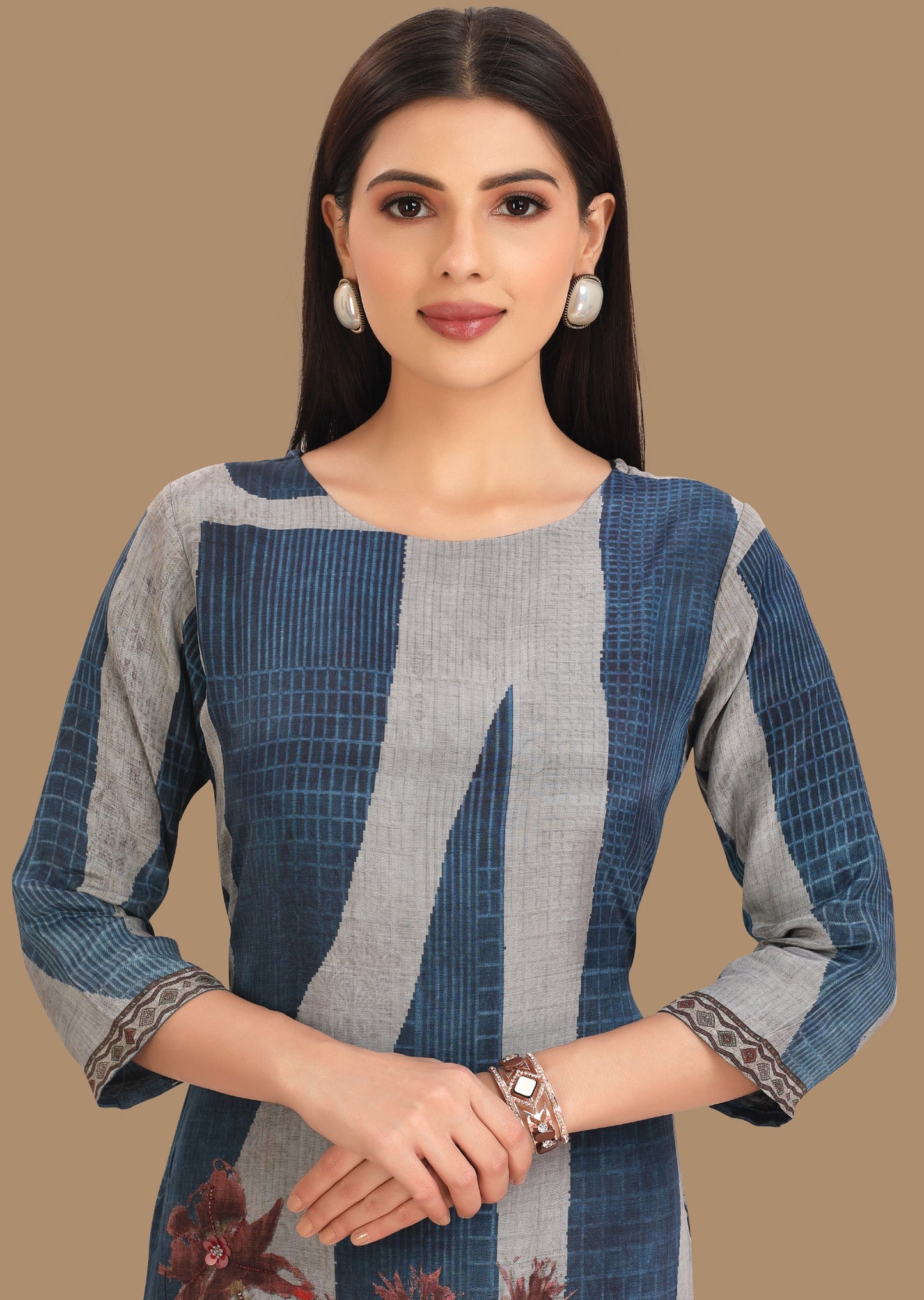 Blue & Grey Crepe Kurti Straight Cut