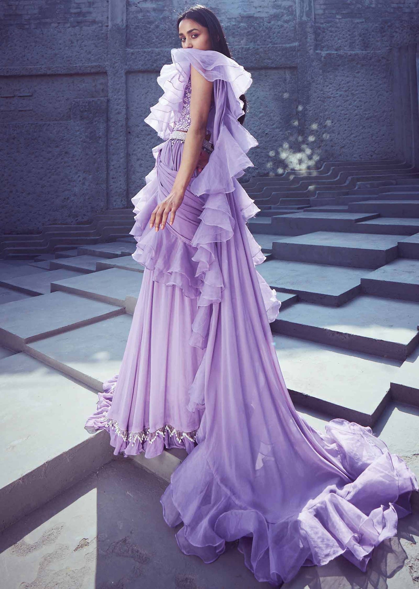 Lavender Net/Georgette Embroidered lehenga