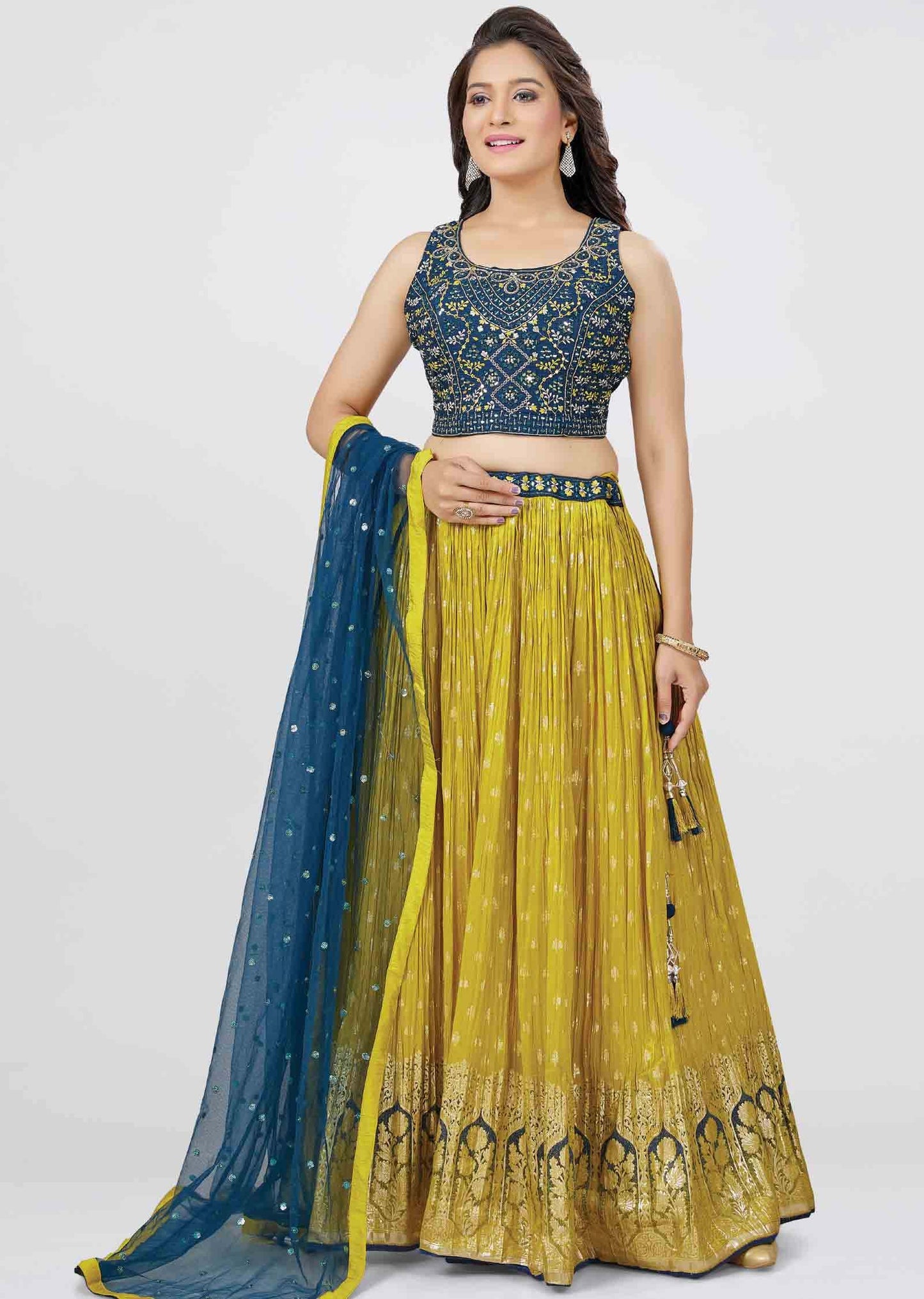 Teal Blue Silk Mirror work lehenga