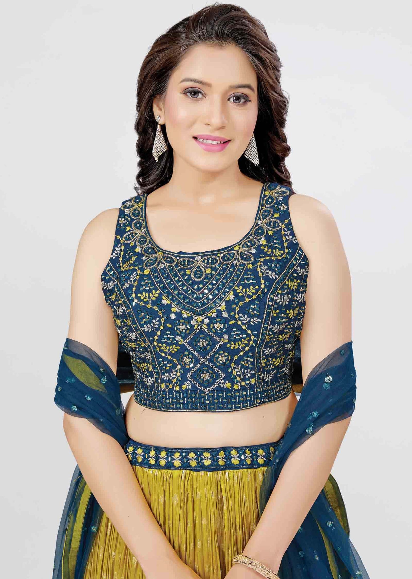 Teal Blue Silk Mirror work lehenga