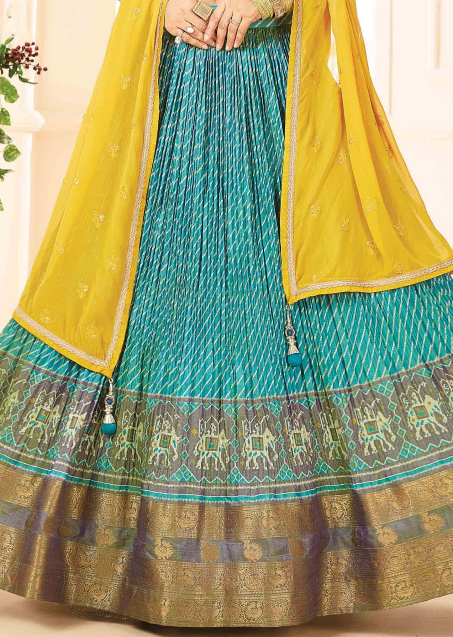 Mustard & Contrast Sea Green Silk Zardosi & Embroidered lehenga