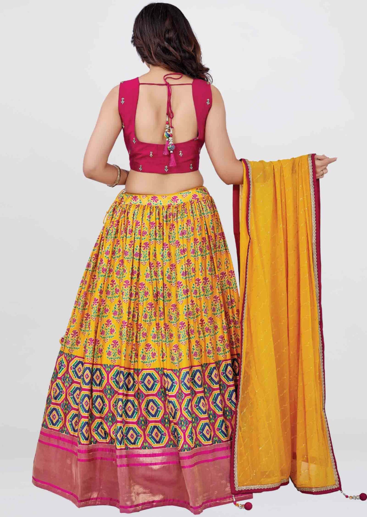 Rani Pink /Yellow Silk Printed lehenga