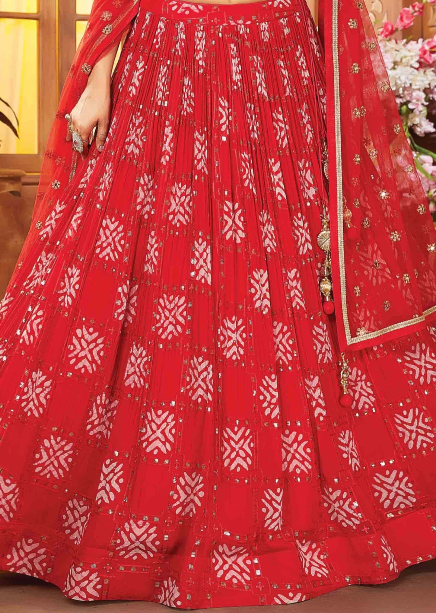 Red Silk & Georgette Embroidered lehenga