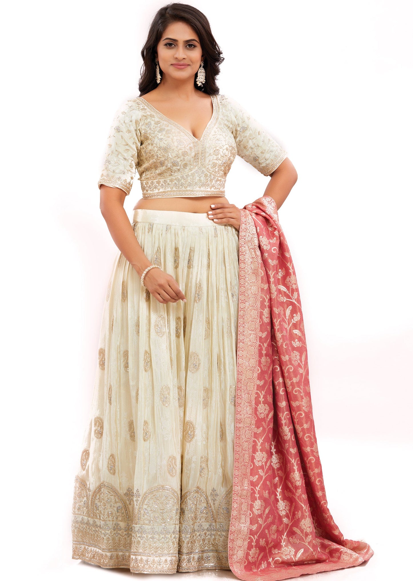 Cream Banaras Tissue Silk Lehenga Set