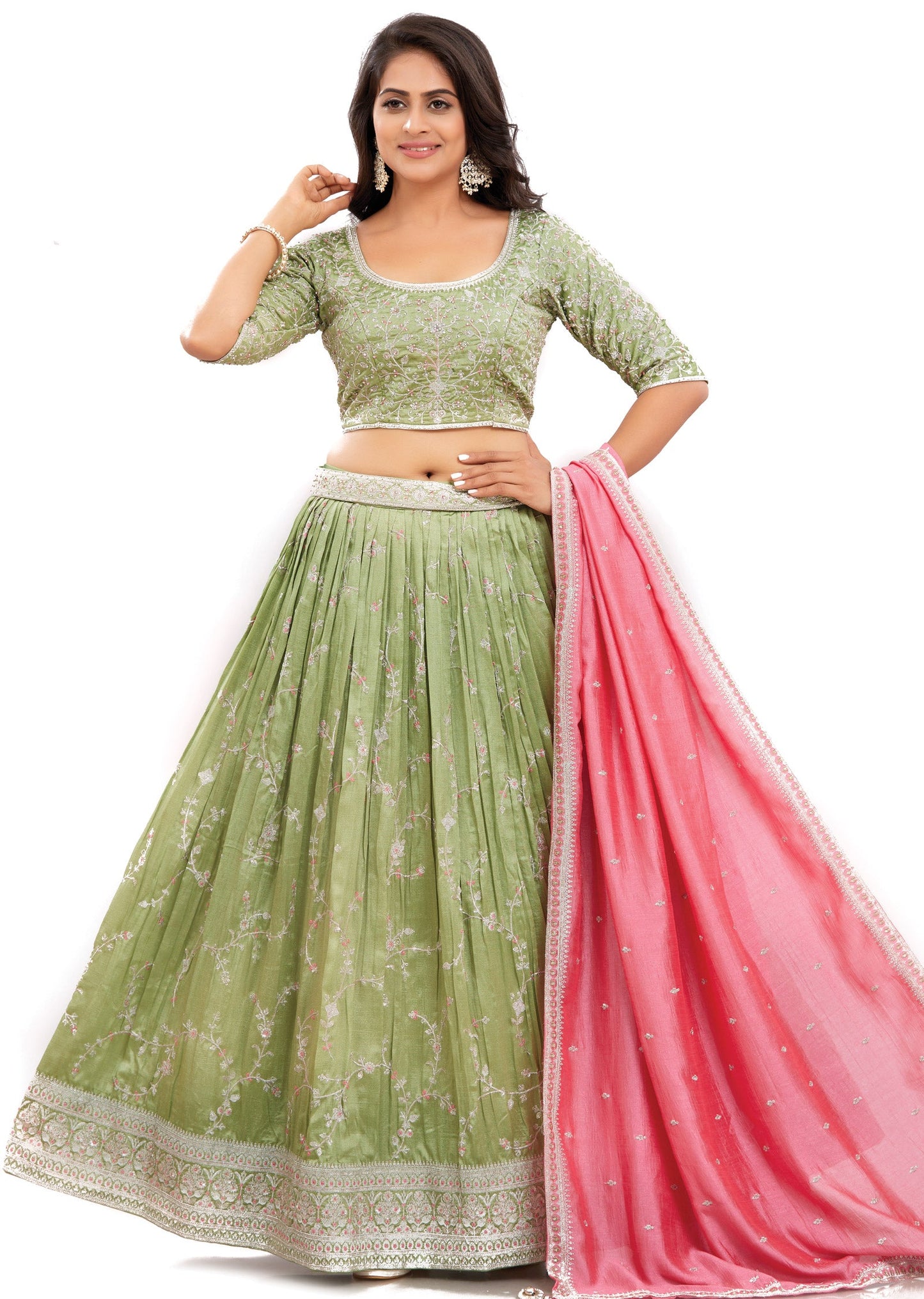 Light Mehndi Green Silk Lehenga Set with Zari & Sequence Work