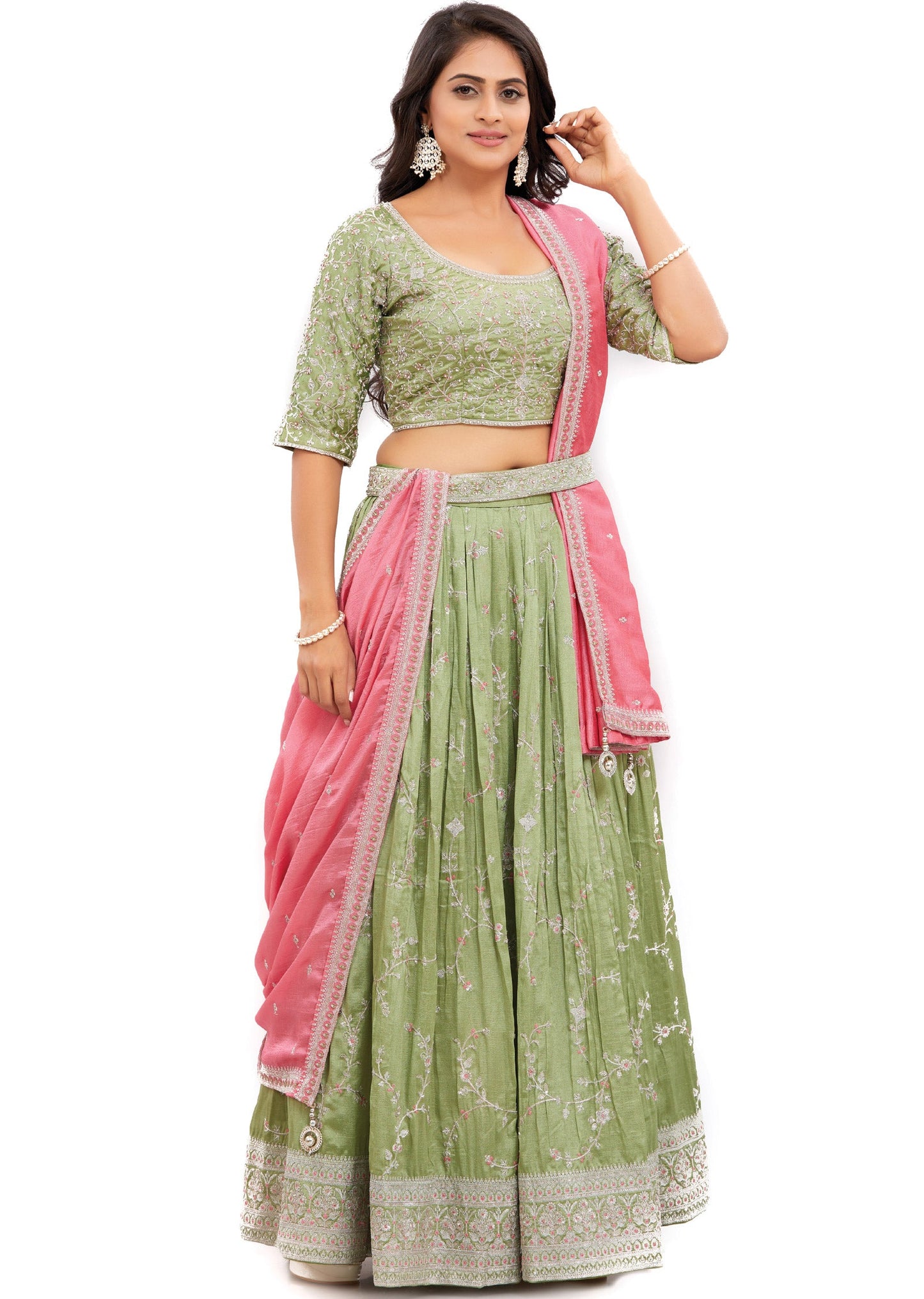 Light Mehndi Green Silk Lehenga Set with Zari & Sequence Work