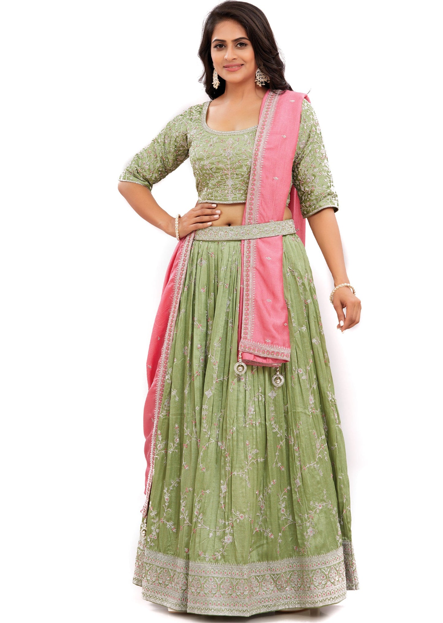 Light Mehndi Green Silk Lehenga Set with Zari & Sequence Work
