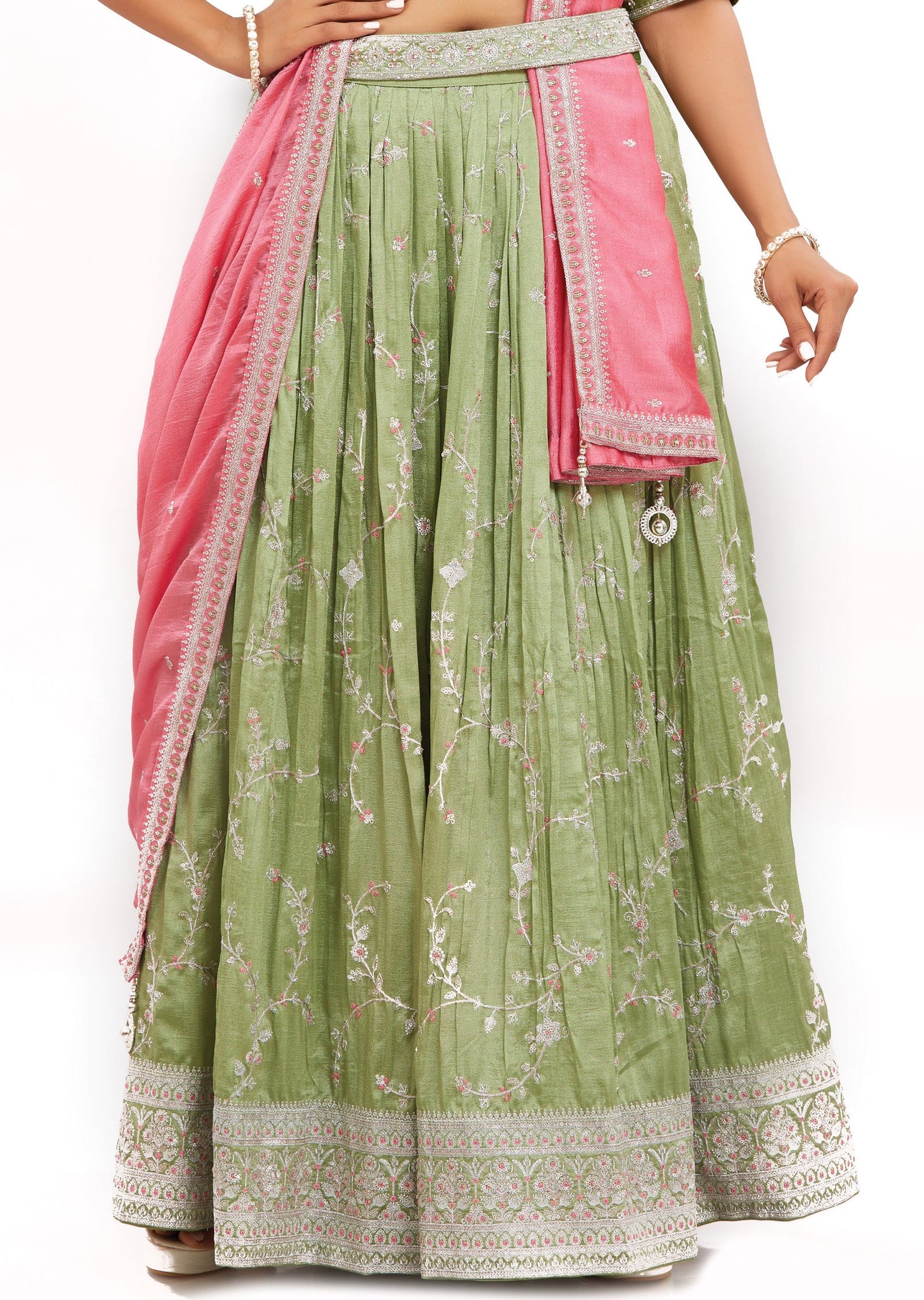 Light Mehndi Green Silk Lehenga Set with Zari & Sequence Work