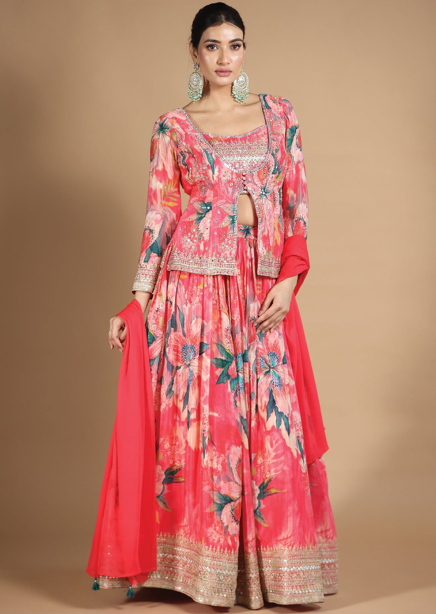 Pink Chinnon Lehenga Set with Cut Dana, Beads & Zari Work