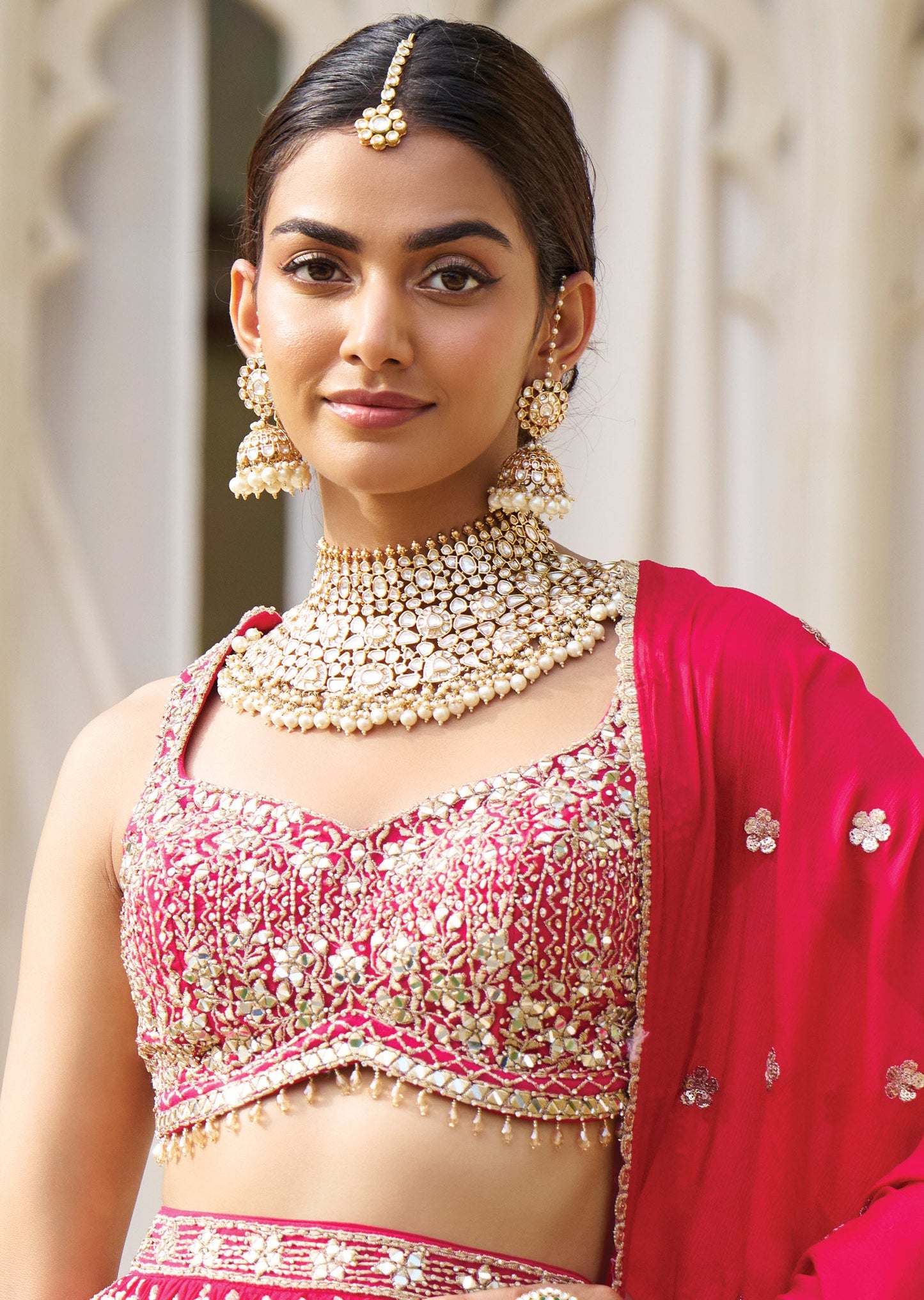 Rani Pink Net Georgette Lehenga Set with Zari & Mirror Work