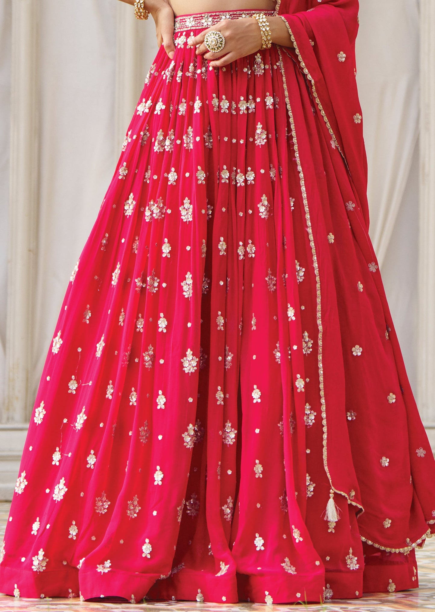 Rani Pink Net Georgette Lehenga Set with Zari & Mirror Work