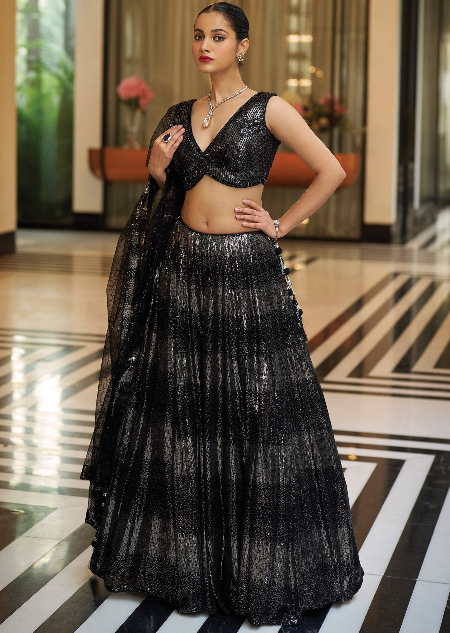 Black Net Georgette Lehenga Set