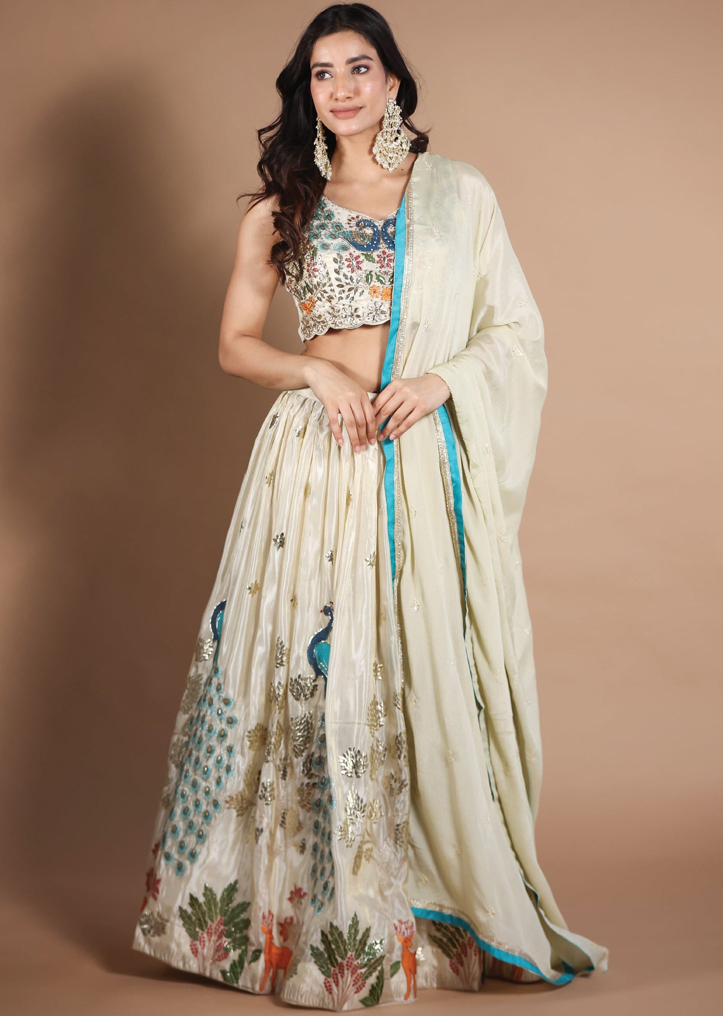 Beige Tissue Silk Lehengas