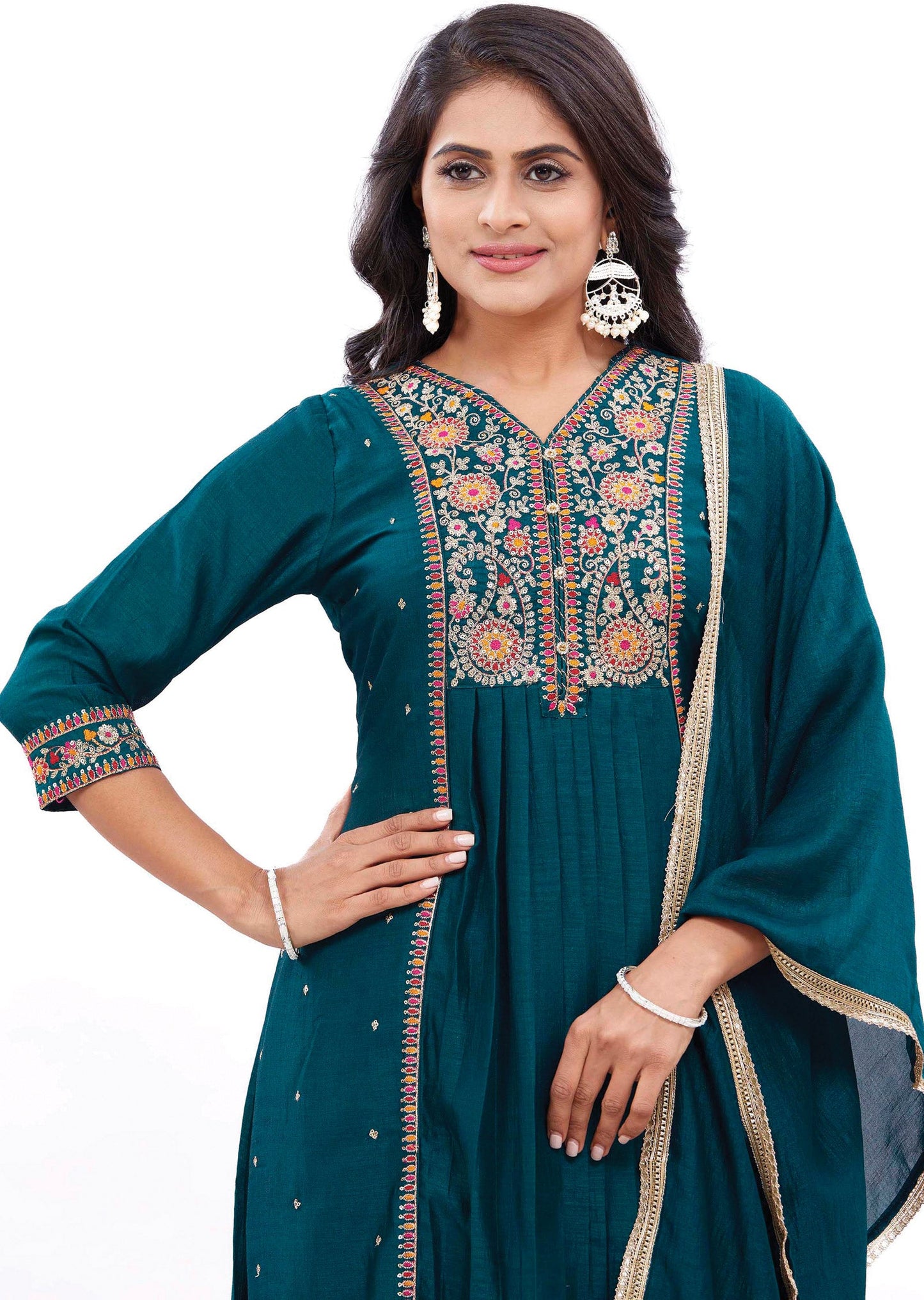 Dark Green Silk Kurti with Zari, Resham & Sequence Work