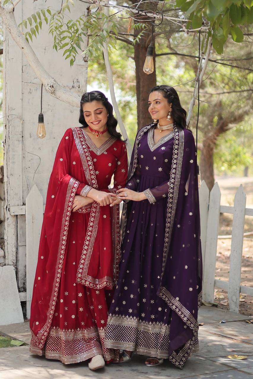 EKANTHA RED AND PURPLE DESIGNER EMBROIDERED SUIT SET
