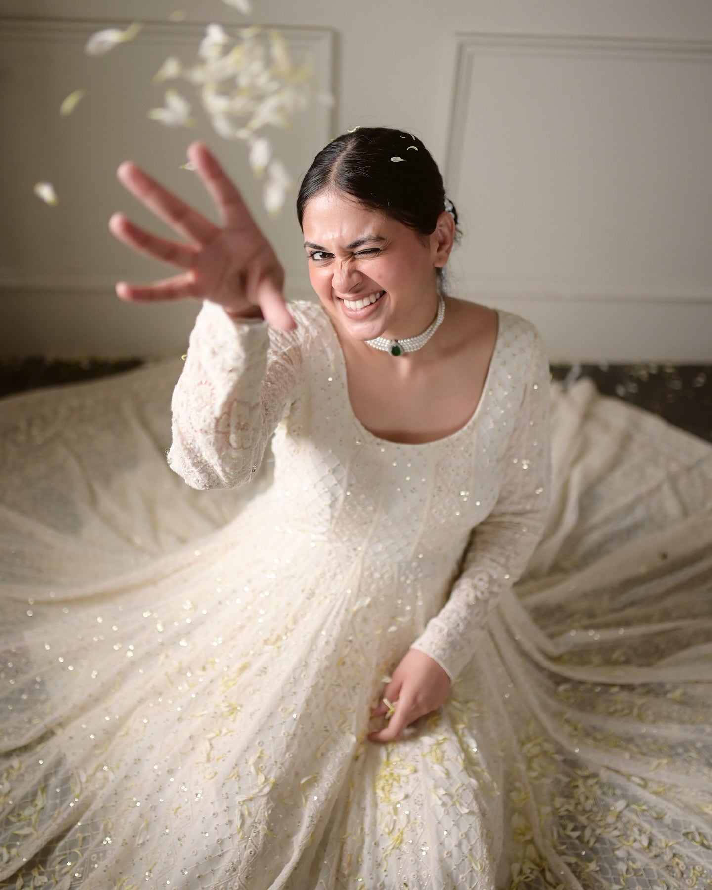 LAKHNAWI WHITE EMBROIDERED GEORGETTE ANARKALI SUIT SET