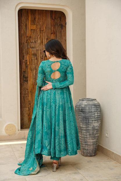 GREEN BANDHEJ MASLIN ANARKALI SUIT SET SC 141