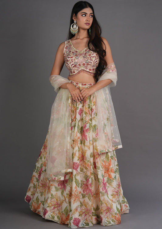 Cream Chinnon Lehenga