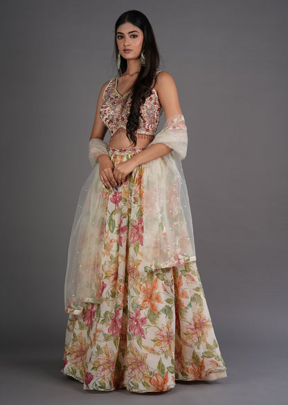 Cream Chinnon Lehenga