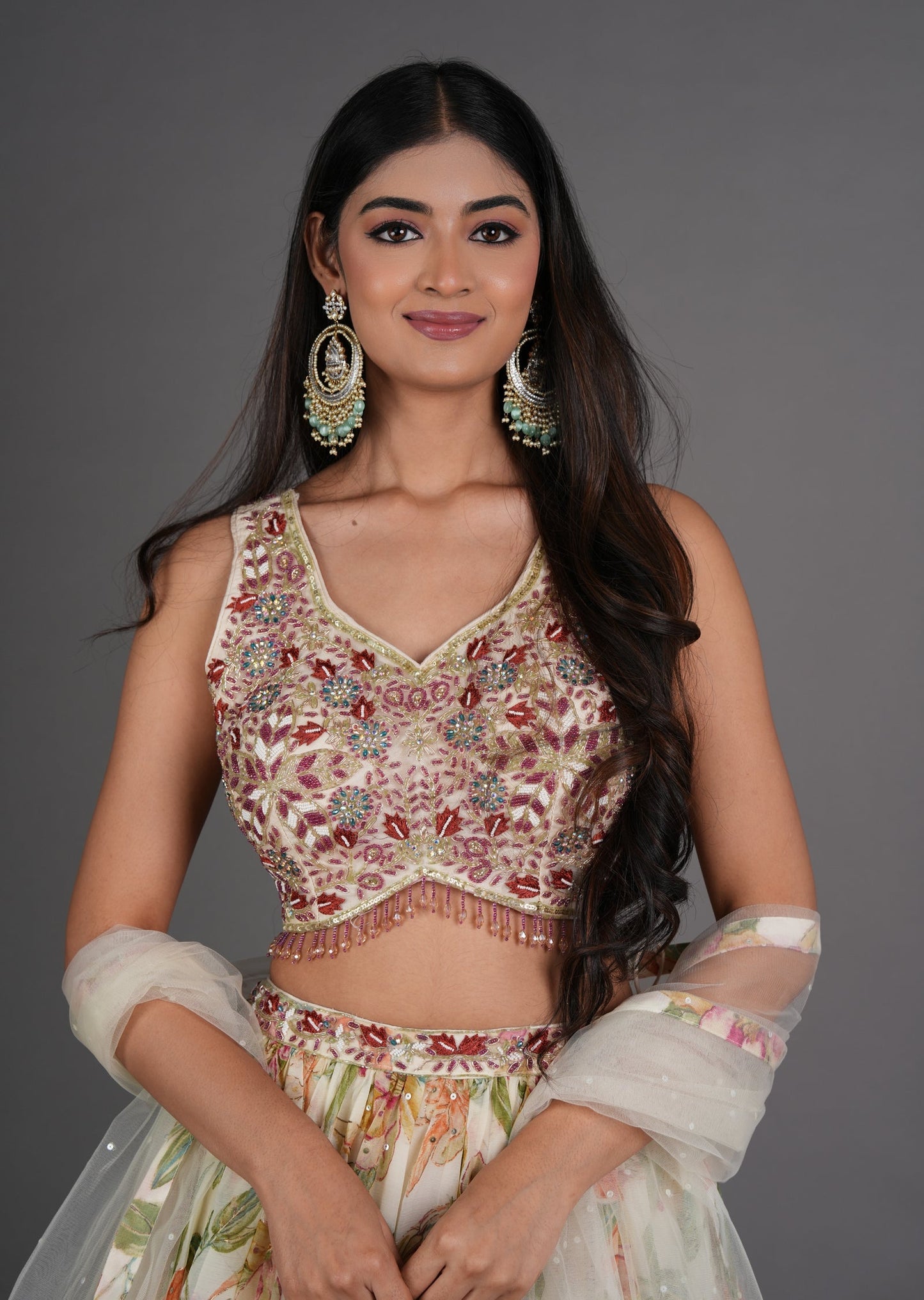 Cream Chinnon Lehenga
