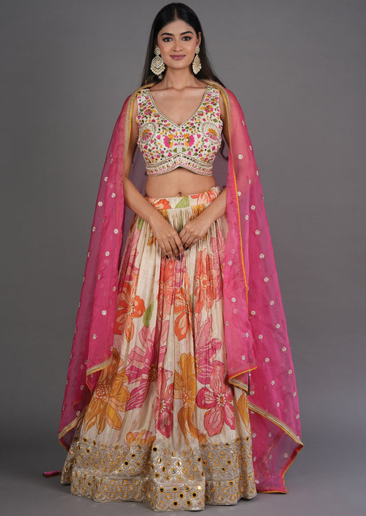 Biege Tissue Silk Lehenga
