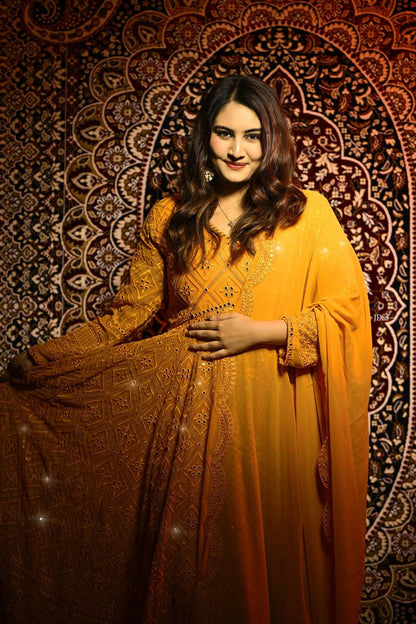 LAKHNAWI EMBROIDERED GEORGETTE ANARKALI FULLY STITCHED SUIT SET MUSTURED 115