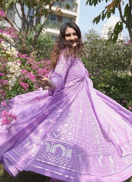 PURPLE LAKHNAWI EMBROIDERED GEORGETTE ANARKALI SUIT SET