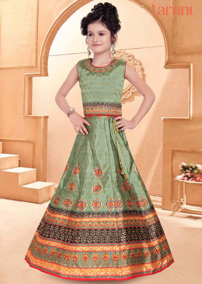Dusty Green Silk Printed Kids Lehenga