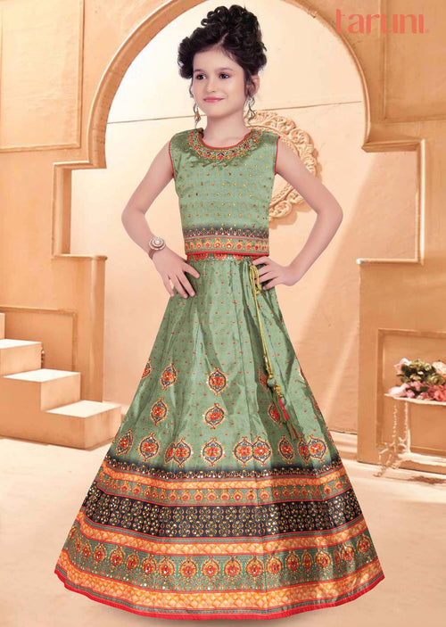 Dusty Green Silk Printed Kids Lehenga