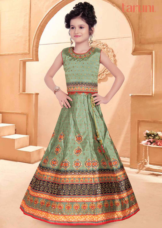 Dusty Green Silk Printed Kids Lehenga