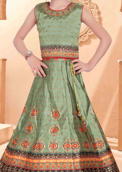 Dusty Green Silk Printed Kids Lehenga