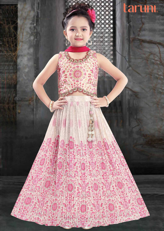 Cream/Pink Silk/Muslin Zardosi & Embroidered Kids Lehenga