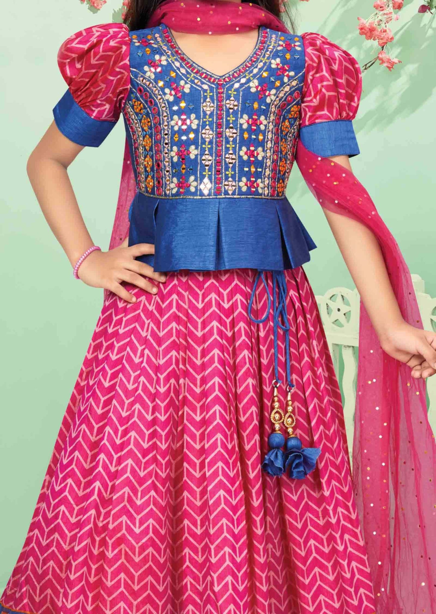Blue / Rani Pink Silk Printed Kids lehenga