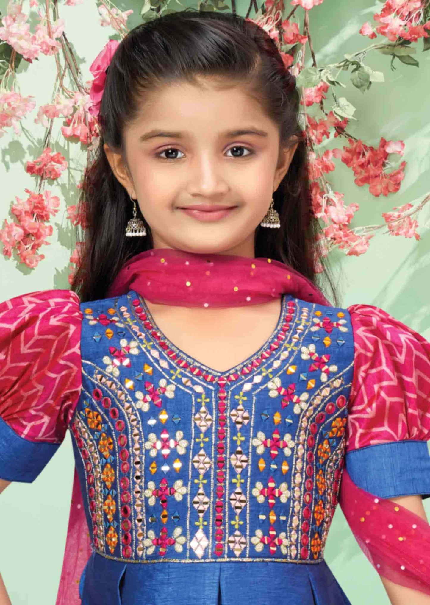 Blue / Rani Pink Silk Printed Kids lehenga