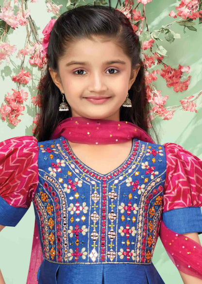 Blue / Rani Pink Silk Printed Kids lehenga
