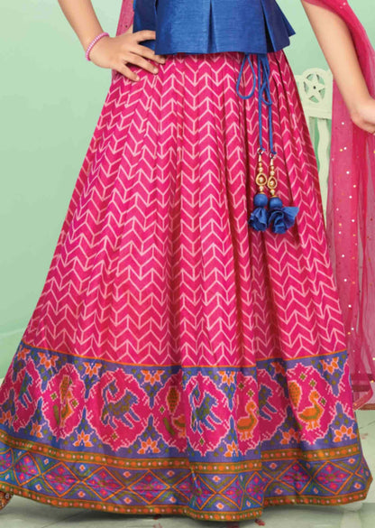Blue / Rani Pink Silk Printed Kids lehenga