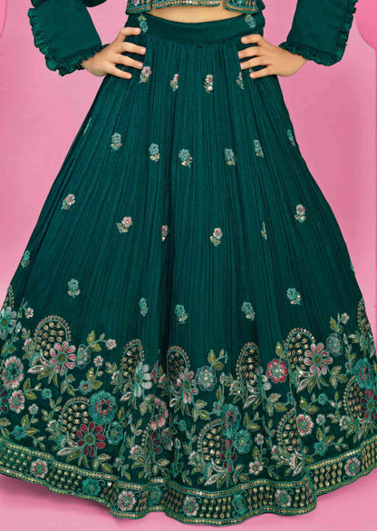 Green Silk Embroidered Kids lehenga