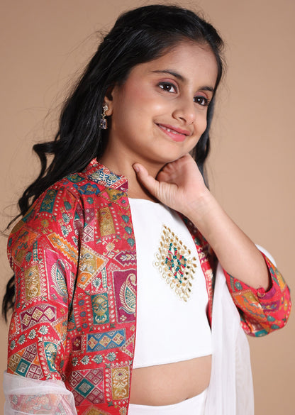 Off White & Multi Georgette Kids lehenga