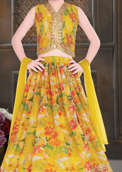 Yellow Organza Floral Printed Lehenga for Kids