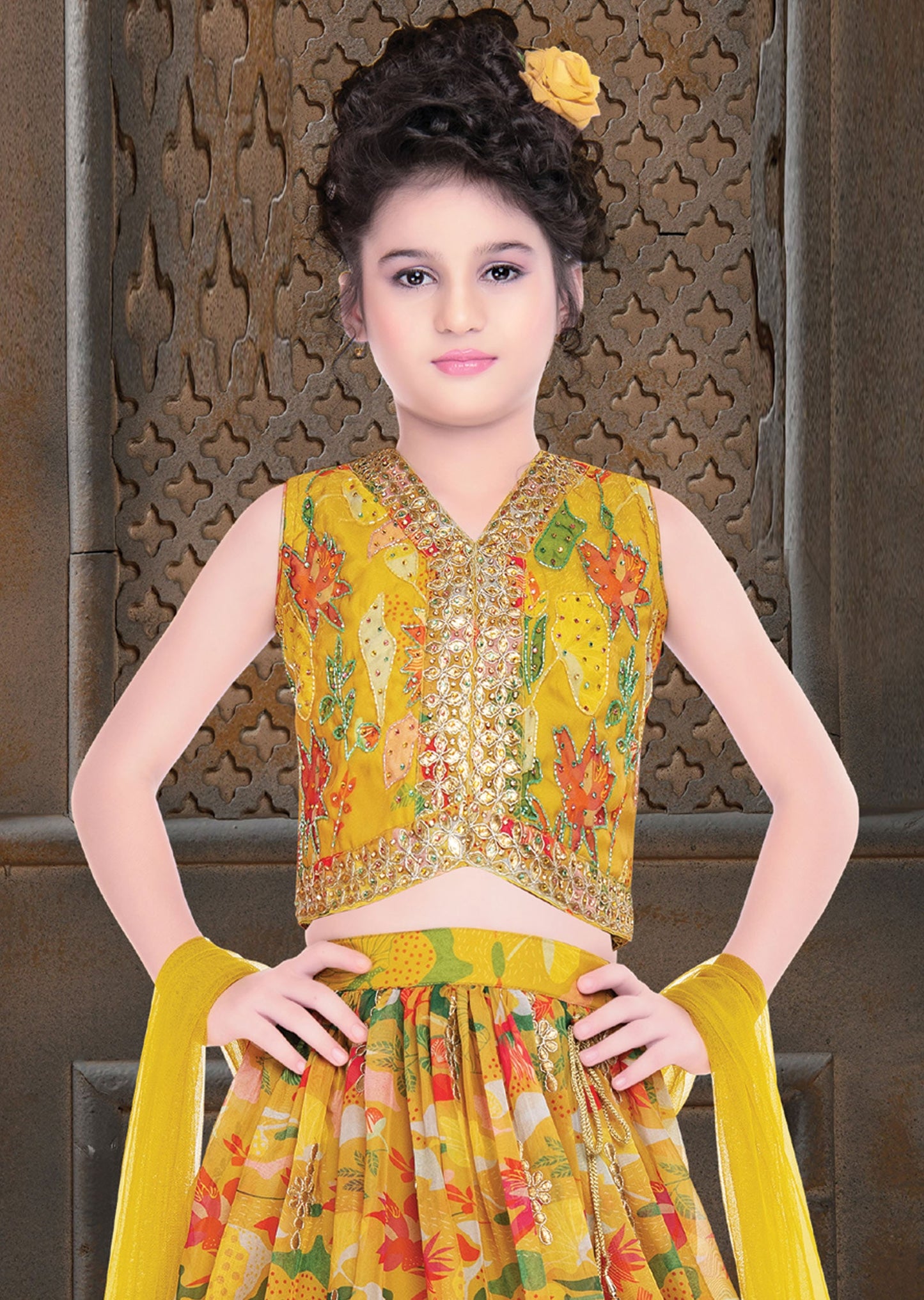Yellow Organza Floral Printed Lehenga for Kids