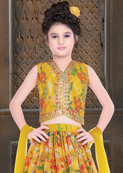 Yellow Organza Floral Printed Lehenga for Kids