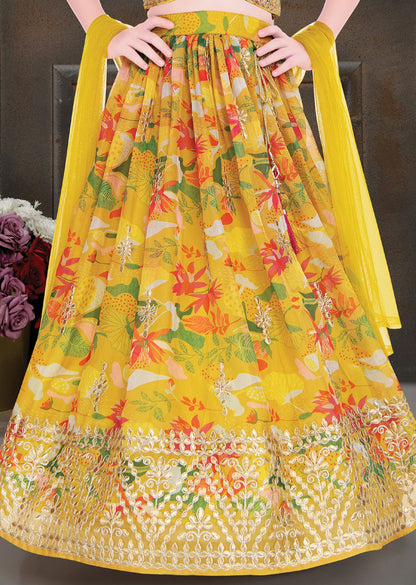 Yellow Organza Floral Printed Lehenga for Kids