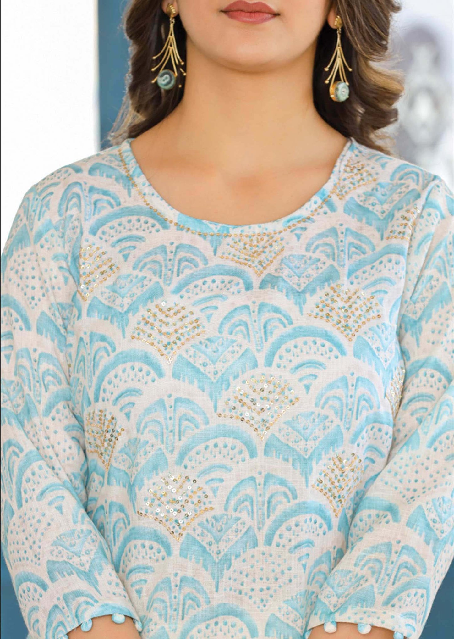 Beige/Sea Green Linen Cotton Sequins Kurti Sets