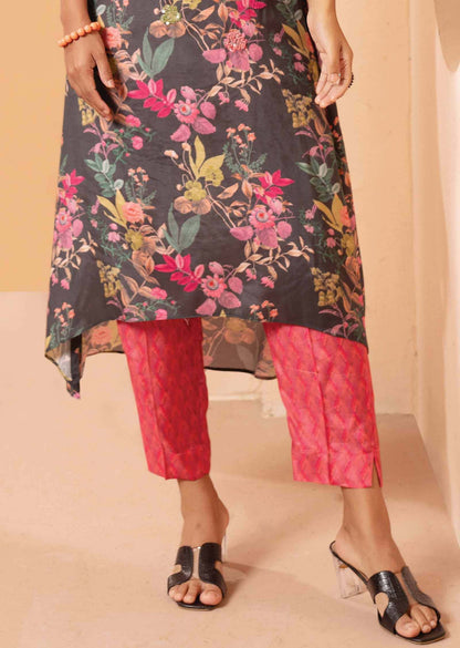 Grey & Pink Muslin Embroidered Kurti Sets