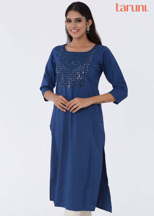 Blue Reyon Mirror work Straight Cut Kurti