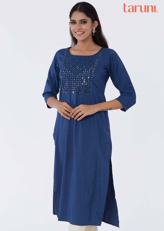 Blue Reyon Mirror work Straight Cut Kurti