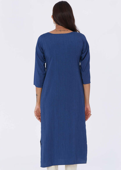 Blue Reyon Mirror work Straight Cut Kurti