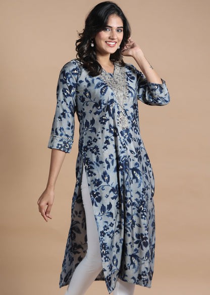 Grey & Blue Modal Kurti Straight Cut