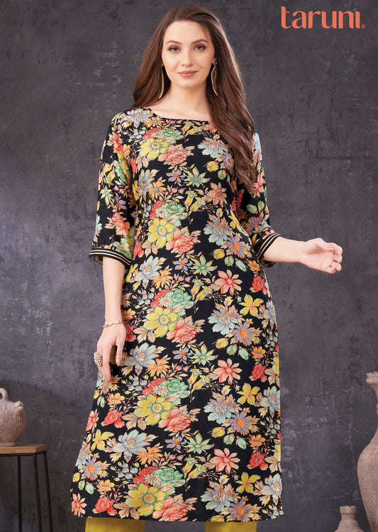 Black Digital Printed Silk Straight Cut Kurti
